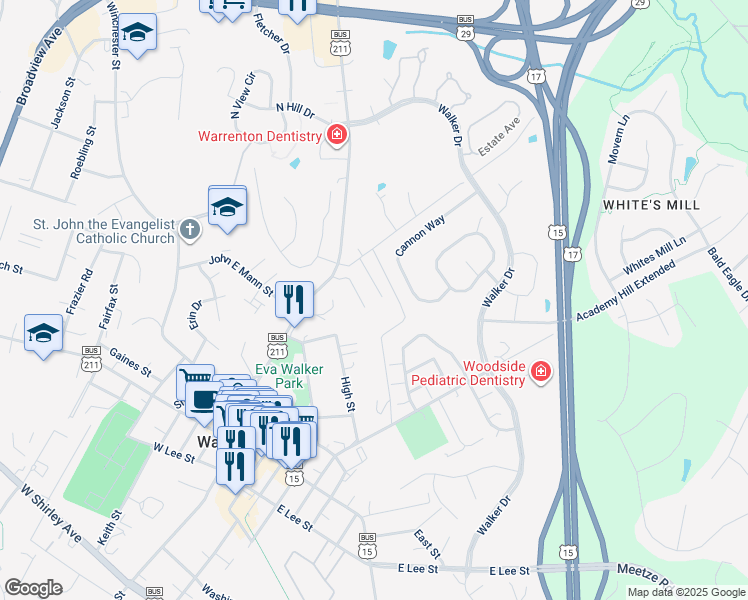 map of restaurants, bars, coffee shops, grocery stores, and more near 52 Fishback Court in Warrenton