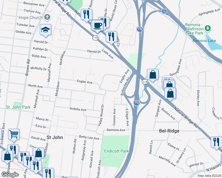 map of restaurants, bars, coffee shops, grocery stores, and more near 8417 Engler Avenue in St. Louis