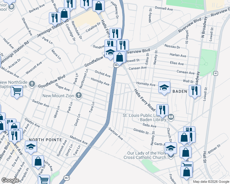 map of restaurants, bars, coffee shops, grocery stores, and more near 1431 Veronica Avenue in St. Louis