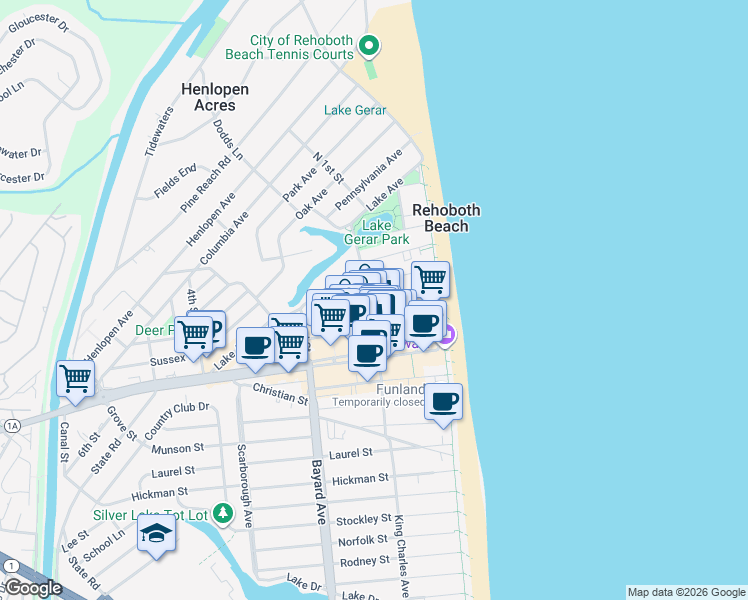 map of restaurants, bars, coffee shops, grocery stores, and more near 31 Maryland Avenue in Rehoboth Beach
