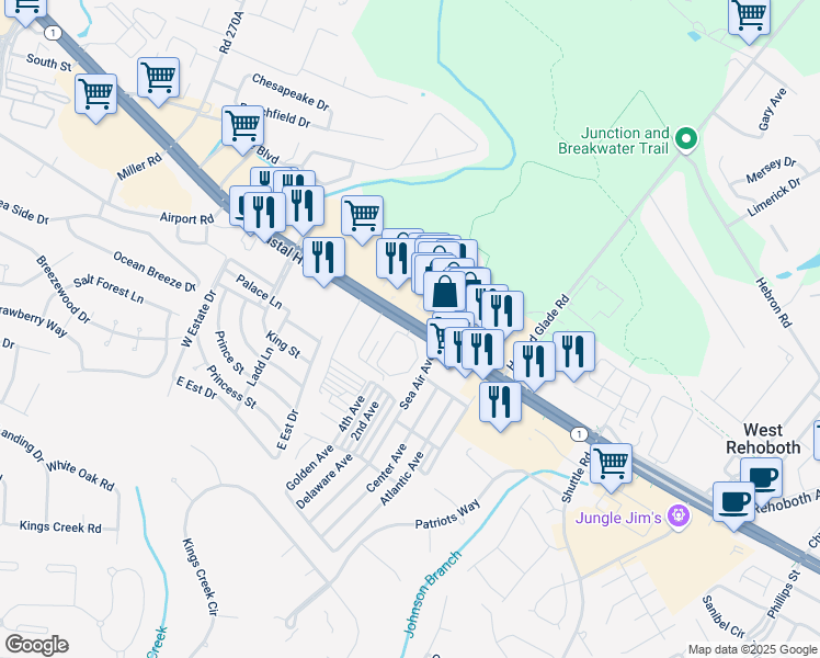 map of restaurants, bars, coffee shops, grocery stores, and more near 36525 Palm Drive in Rehoboth Beach