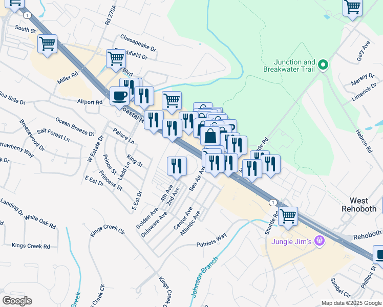 map of restaurants, bars, coffee shops, grocery stores, and more near 36525 Palm Drive in Rehoboth Beach