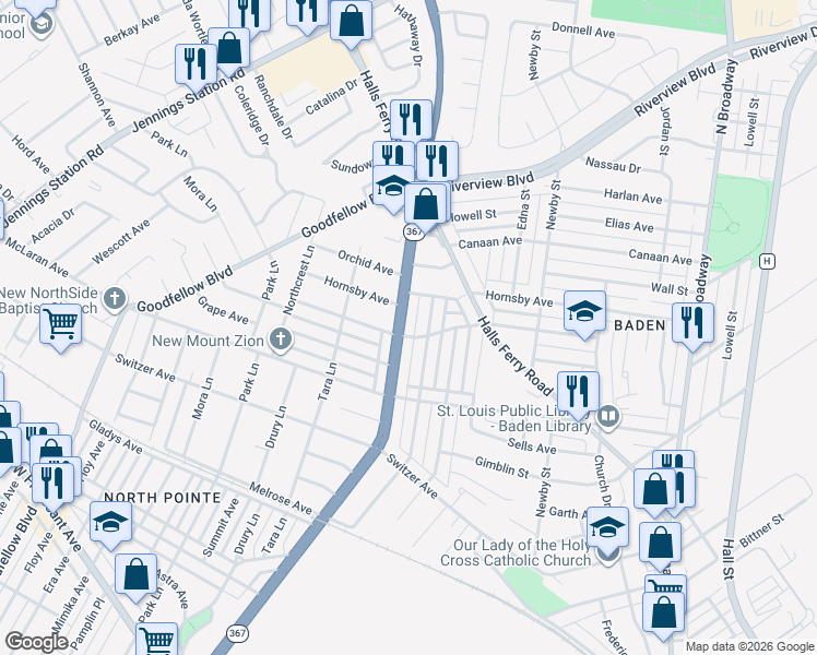 map of restaurants, bars, coffee shops, grocery stores, and more near 1431 Veronica Avenue in St. Louis