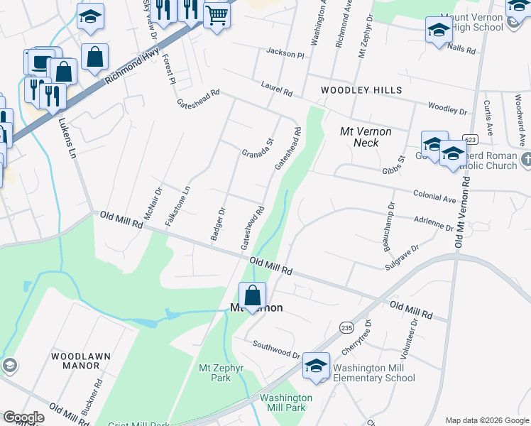 map of restaurants, bars, coffee shops, grocery stores, and more near 8807 Gateshead Road in Alexandria