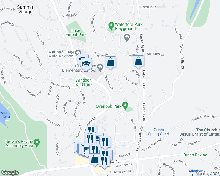 map of restaurants, bars, coffee shops, grocery stores, and more near 2296 Salisbury Drive in El Dorado Hills