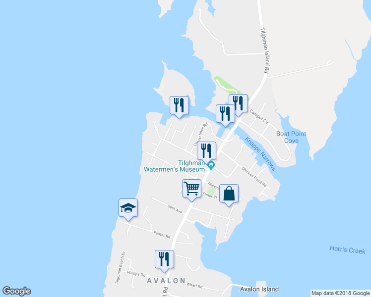 map of restaurants, bars, coffee shops, grocery stores, and more near 21428 Coopertown Road in Tilghman Island