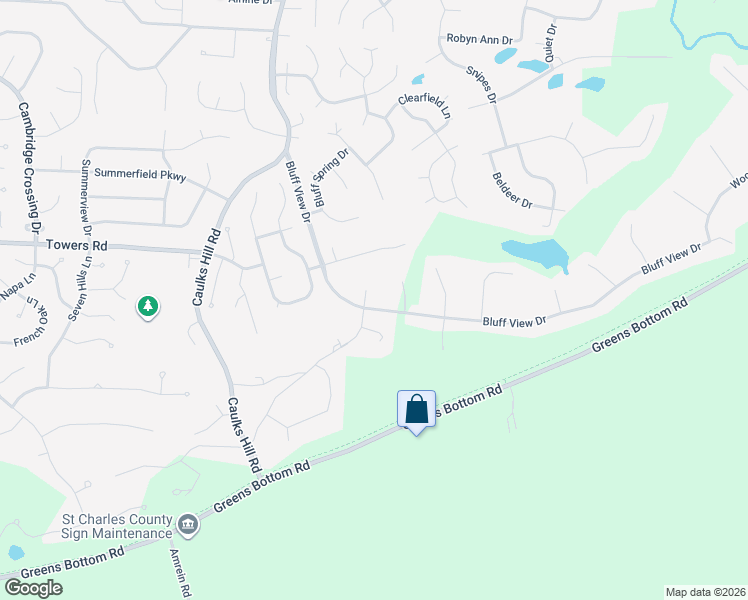 map of restaurants, bars, coffee shops, grocery stores, and more near 3542 Bluff View Drive in Saint Charles