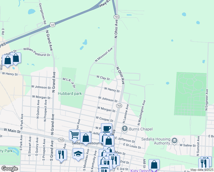 map of restaurants, bars, coffee shops, grocery stores, and more near 306 West Henry Street in Sedalia