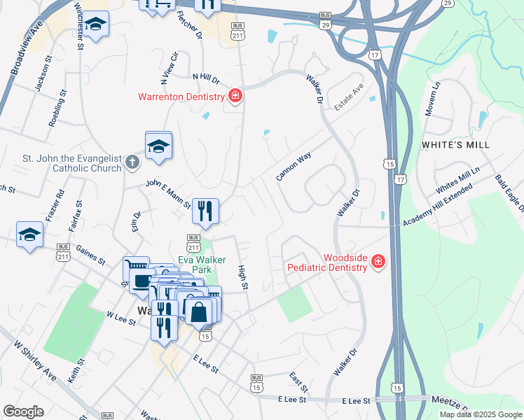 map of restaurants, bars, coffee shops, grocery stores, and more near 52 Fishback Court in Warrenton
