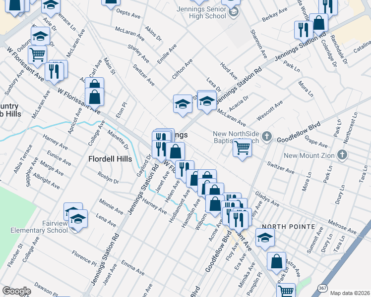 map of restaurants, bars, coffee shops, grocery stores, and more near 5824 Janet Avenue in Jennings