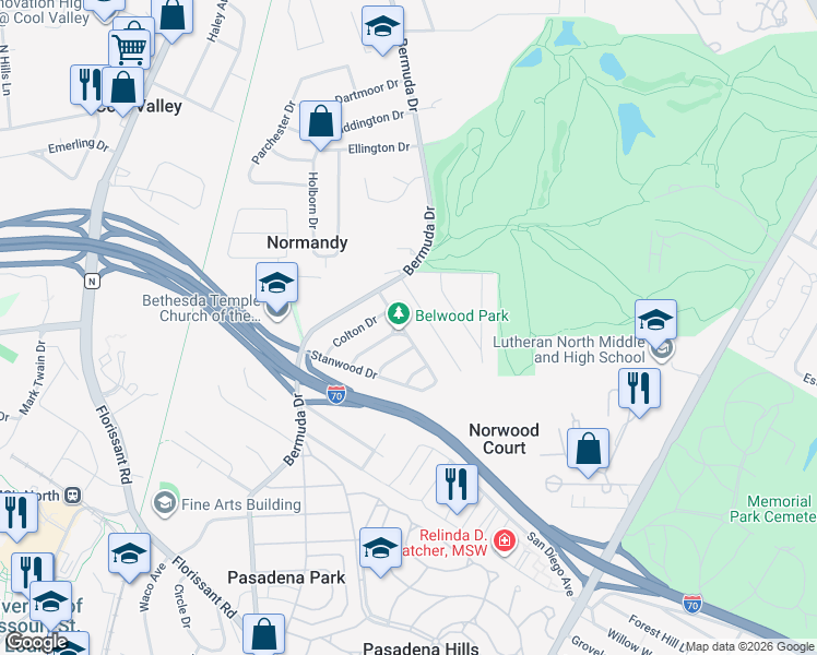 map of restaurants, bars, coffee shops, grocery stores, and more near 5340 Kirkland Drive in St. Louis