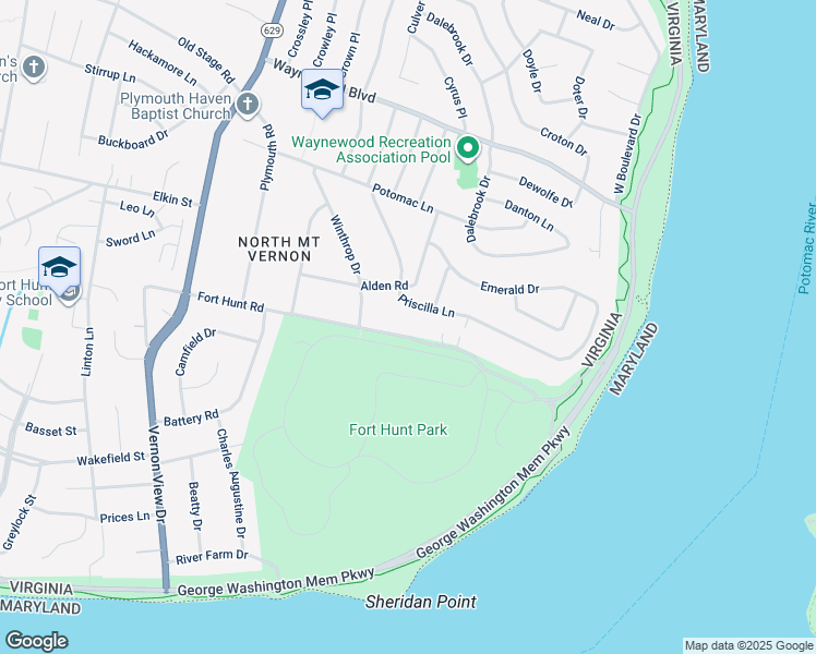 map of restaurants, bars, coffee shops, grocery stores, and more near 8941 Fort Hunt Road in Alexandria