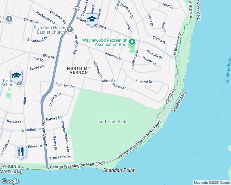 map of restaurants, bars, coffee shops, grocery stores, and more near 8941 Fort Hunt Road in Alexandria