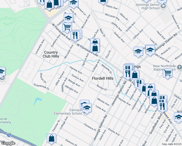 map of restaurants, bars, coffee shops, grocery stores, and more near 7207 Harney Avenue in Jennings