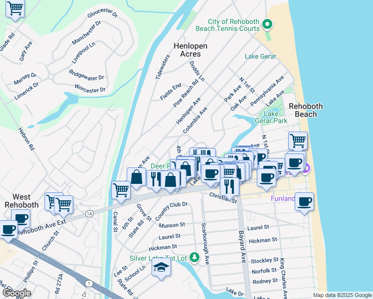 map of restaurants, bars, coffee shops, grocery stores, and more near 11 Cookman Street in Rehoboth Beach