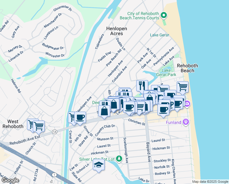 map of restaurants, bars, coffee shops, grocery stores, and more near 11 Cookman Street in Rehoboth Beach
