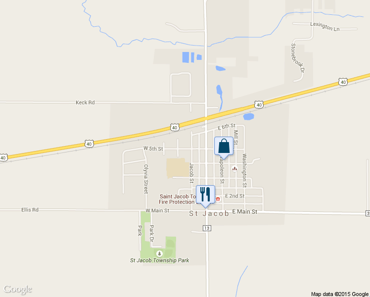 map of restaurants, bars, coffee shops, grocery stores, and more near 728 West 5th Street in St. Jacob