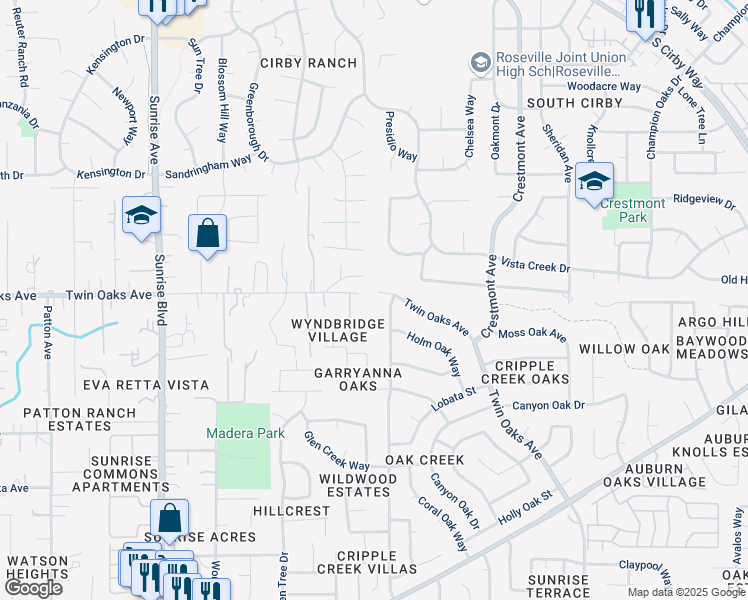map of restaurants, bars, coffee shops, grocery stores, and more near 8096 Twin Oaks Avenue in Citrus Heights