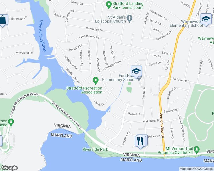 map of restaurants, bars, coffee shops, grocery stores, and more near 8731 Bluedale Street in Alexandria