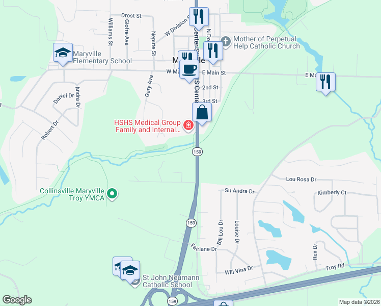 map of restaurants, bars, coffee shops, grocery stores, and more near 2926 Maryville Road in Maryville