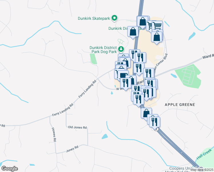 map of restaurants, bars, coffee shops, grocery stores, and more near 3185 West Ward Road in Dunkirk