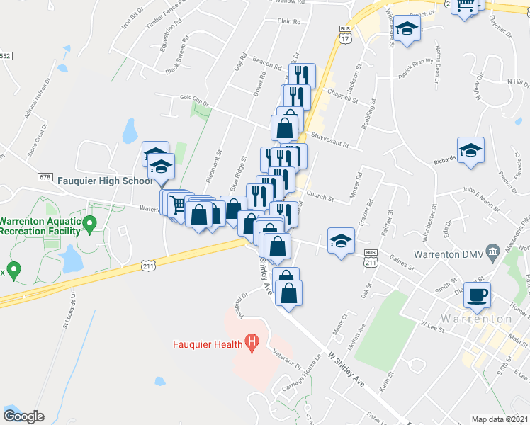 map of restaurants, bars, coffee shops, grocery stores, and more near 34 Broadview Avenue in Warrenton