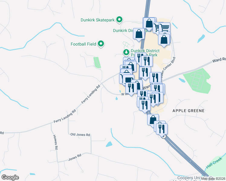 map of restaurants, bars, coffee shops, grocery stores, and more near 3175 West Ward Road in Dunkirk