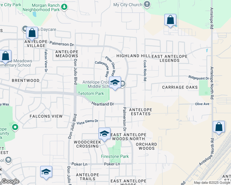 map of restaurants, bars, coffee shops, grocery stores, and more near 9200 Palmerson Drive in Antelope