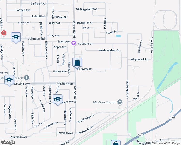 map of restaurants, bars, coffee shops, grocery stores, and more near 2540 Parkview Drive in Granite City