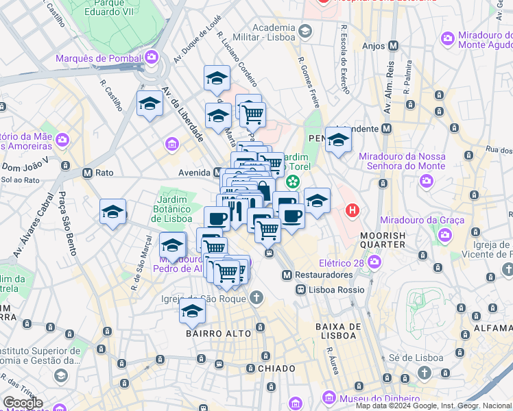 map of restaurants, bars, coffee shops, grocery stores, and more near 92 Avenida da Liberdade in Lisboa