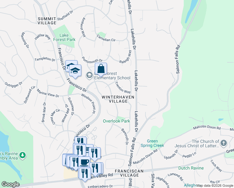 map of restaurants, bars, coffee shops, grocery stores, and more near 4801 Regency Court in El Dorado Hills