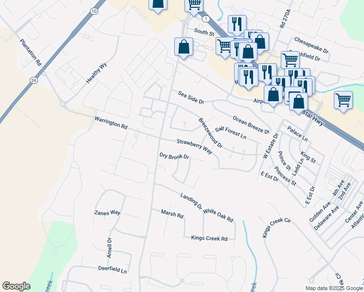 map of restaurants, bars, coffee shops, grocery stores, and more near 35545 Dry Brook Drive in Rehoboth Beach