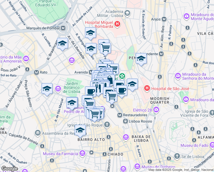 map of restaurants, bars, coffee shops, grocery stores, and more near 92 Avenida da Liberdade in Lisboa