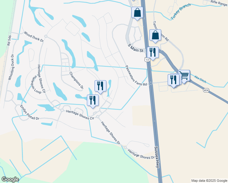 map of restaurants, bars, coffee shops, grocery stores, and more near 32 Royal View Drive in Bridgeville