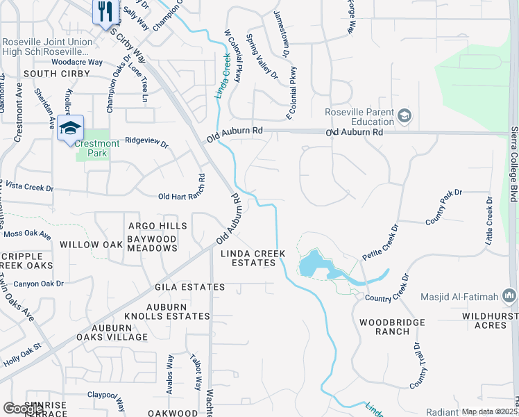 map of restaurants, bars, coffee shops, grocery stores, and more near 8513 Linda Creek Court in Orangevale