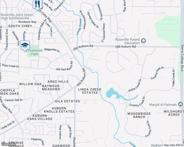 map of restaurants, bars, coffee shops, grocery stores, and more near 8513 Linda Creek Court in Orangevale