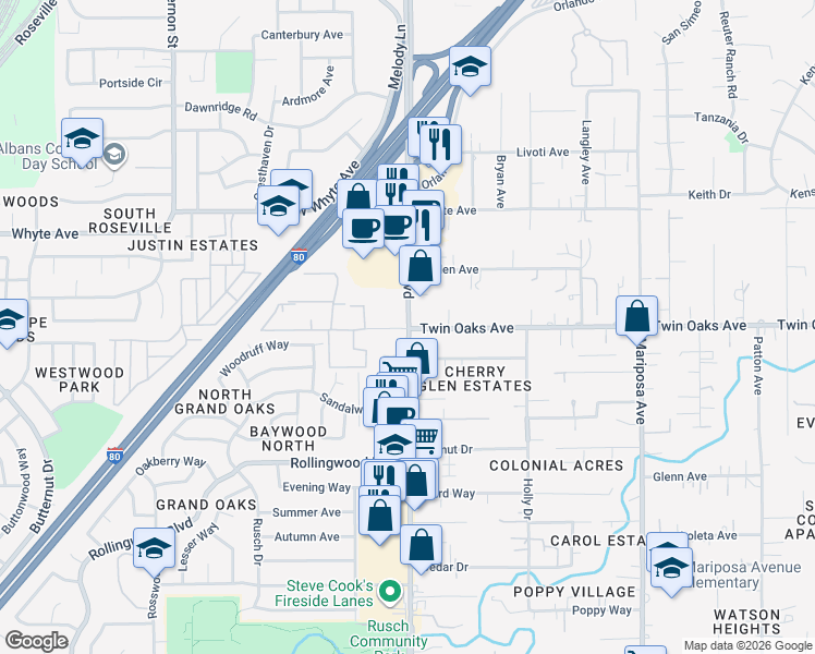map of restaurants, bars, coffee shops, grocery stores, and more near in Citrus Heights