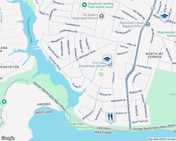 map of restaurants, bars, coffee shops, grocery stores, and more near 2214 Creek Drive in Alexandria