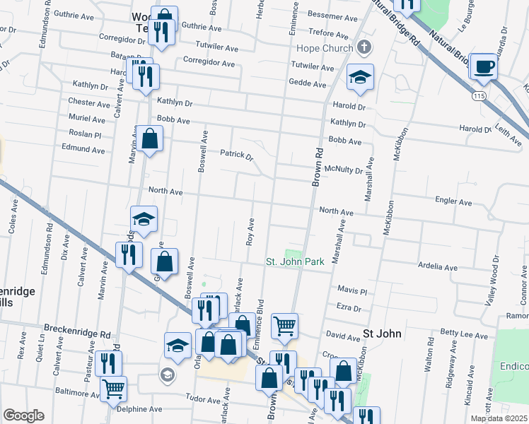 map of restaurants, bars, coffee shops, grocery stores, and more near 8921 Rosemore Place in St. Louis