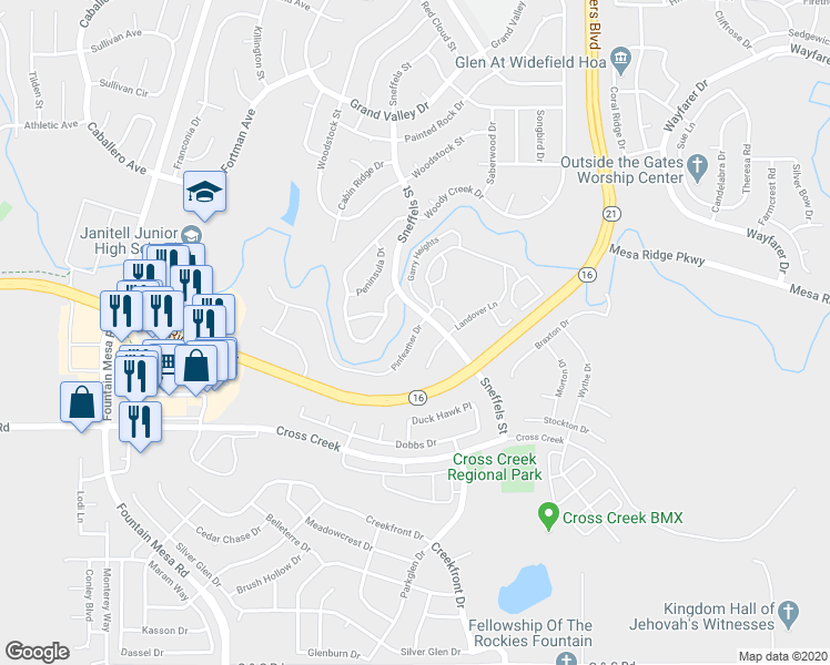 map of restaurants, bars, coffee shops, grocery stores, and more near 8103 Pinfeather Drive in Colorado Springs