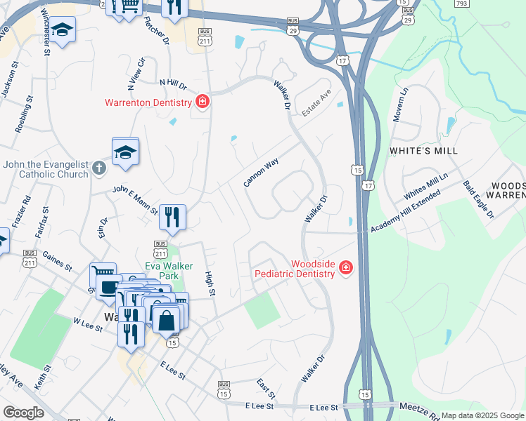 map of restaurants, bars, coffee shops, grocery stores, and more near 221 Cannon Way in Warrenton