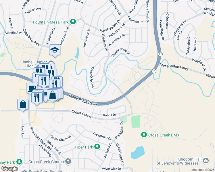 map of restaurants, bars, coffee shops, grocery stores, and more near 8093 Pinfeather Drive in Fountain