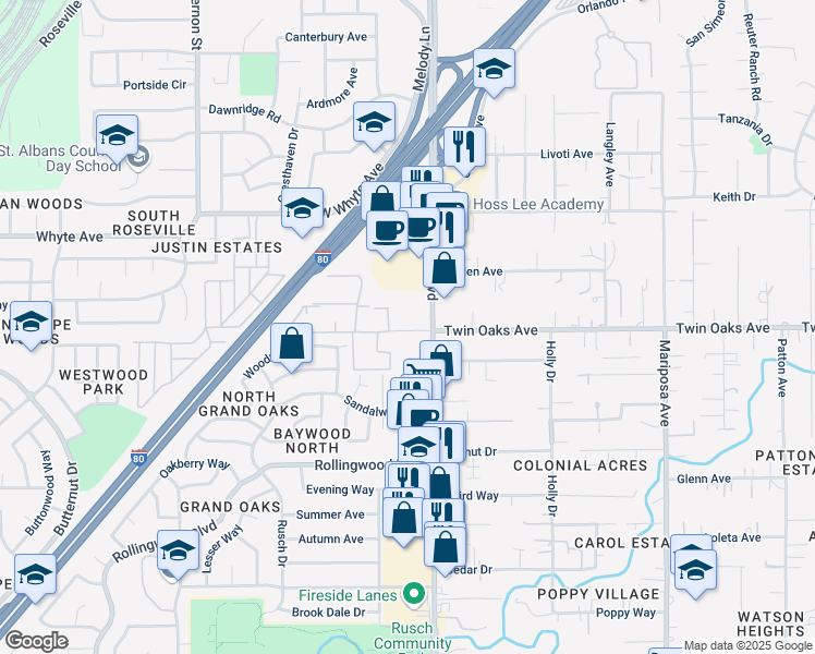 map of restaurants, bars, coffee shops, grocery stores, and more near 7473 Bellbrook Court in Citrus Heights