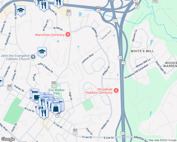 map of restaurants, bars, coffee shops, grocery stores, and more near 221 Cannon Way in Warrenton