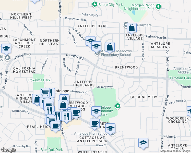 map of restaurants, bars, coffee shops, grocery stores, and more near 8217 Rambleton Way in Antelope