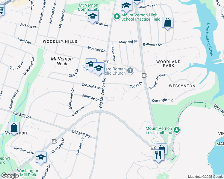 map of restaurants, bars, coffee shops, grocery stores, and more near 3609 Surrey Drive in Alexandria