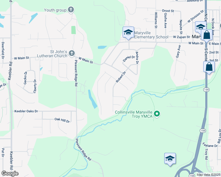 map of restaurants, bars, coffee shops, grocery stores, and more near 1020 Robert Drive in Maryville