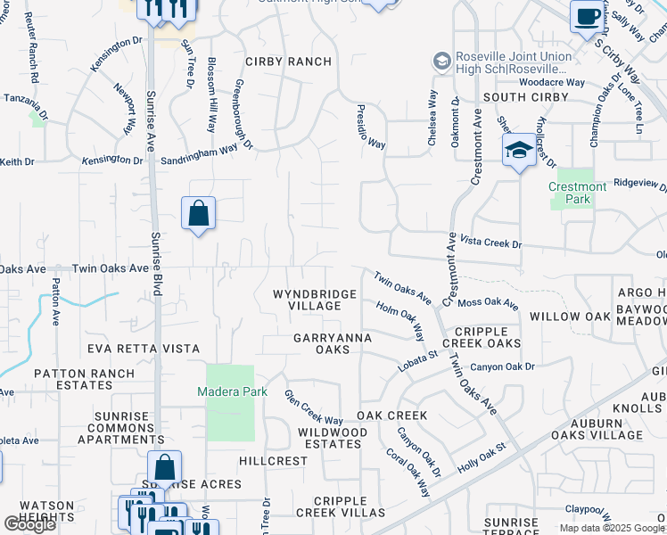 map of restaurants, bars, coffee shops, grocery stores, and more near 8096 Twin Oaks Avenue in Citrus Heights