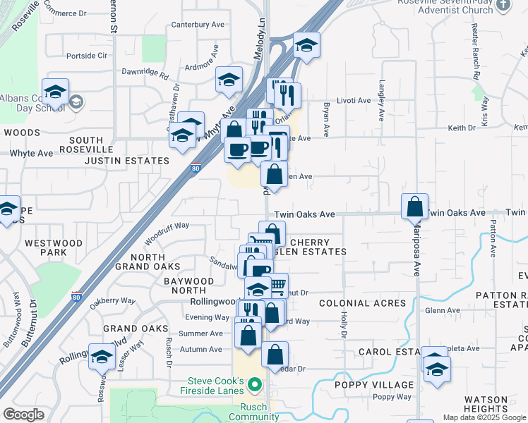 map of restaurants, bars, coffee shops, grocery stores, and more near in Citrus Heights