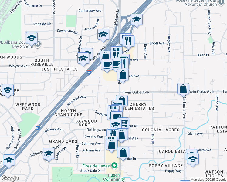 map of restaurants, bars, coffee shops, grocery stores, and more near 7473 Bellbrook Court in Citrus Heights